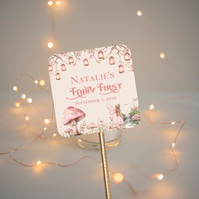 Fairy First Theme Girl's 1st Birthday Party Custom Square Sticker (Creator Uploaded)