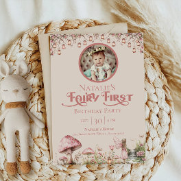 Fairy First Theme Girl's 1st Birthday Party Photo Invitation