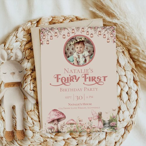 Fairy First Theme Girls 1st Birthday Party Photo Invitation