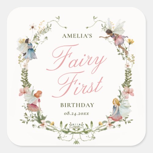Fairy First Vintage Floral Birthday Square Sticker