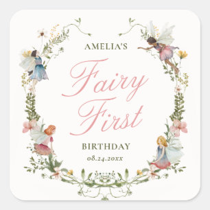 Fairy First Vintage Floral Birthday Square Sticker