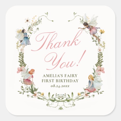 Fairy First Vintage Floral Birthday Square Sticker