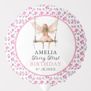 Fairy First Watercolor Floral Girls 1st Birthday Balloon