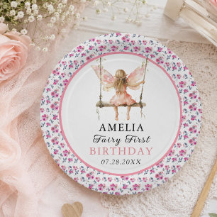 Fairy First Watercolor Floral Girls 1st Birthday Paper Plates