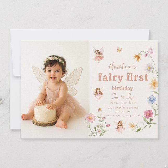 Fairy First Watercolor Widflower Birthday Photo Invitation (Front)