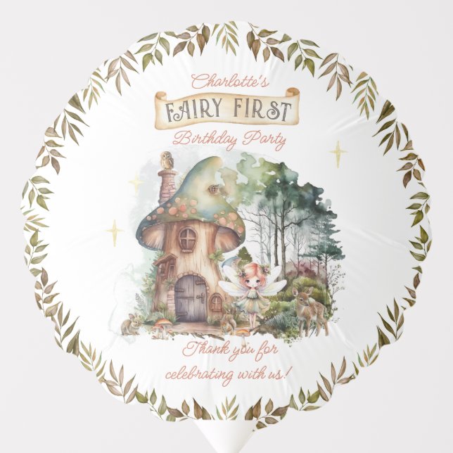 Fairy First Woodland Animals Mushroom 1st Birthday Balloon (Front)