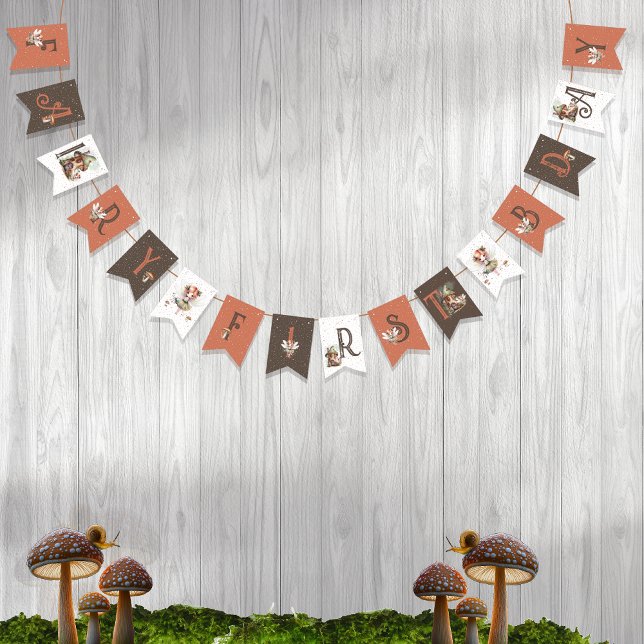 Fairy First Woodland Animals Mushroom 1st Birthday Bunting Flags (Fairy First Woodland Animals Mushrooms Girl's 1st Birthday Party Bunting Banner)