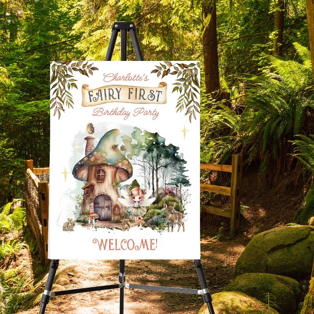 Fairy First Woodland Animals Mushroom 1st Birthday Foam Board (Fairy First Woodland Animals Mushrooms Girl's 1st Birthday Party Foam Core Poster Sign)