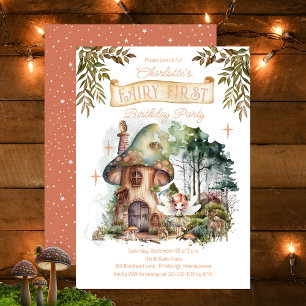 Fairy First Woodland Animals Mushroom 1st Birthday Foil Invitation