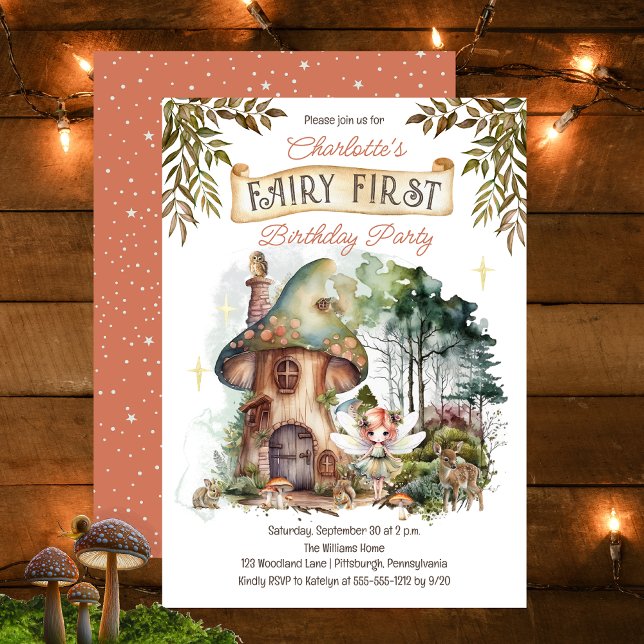 Fairy First Woodland Animals Mushroom 1st Birthday Invitation (Fairy First Woodland Animals Mushrooms Girl's 1st Birthday Party Invitation)
