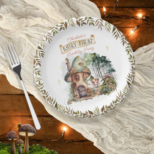 Fairy First Woodland Animals Mushroom 1st Birthday Paper Plates (Fairy First Woodland Animals Mushrooms Girl's 1st Birthday Party Round Paper Plates)