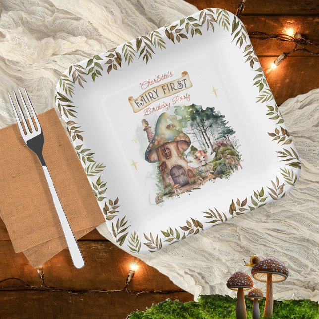 Fairy First Woodland Animals Mushroom 1st Birthday Paper Plates (Fairy First Woodland Animals Mushrooms Girl's 1st Birthday Party Square Paper Plates)