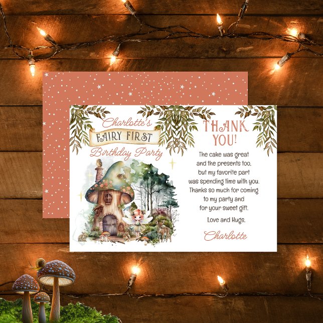 Fairy First Woodland Animals Mushroom 1st Birthday Thank You Card (Fairy First Woodland Animals Mushrooms Girl's 1st Birthday Thank You Card)