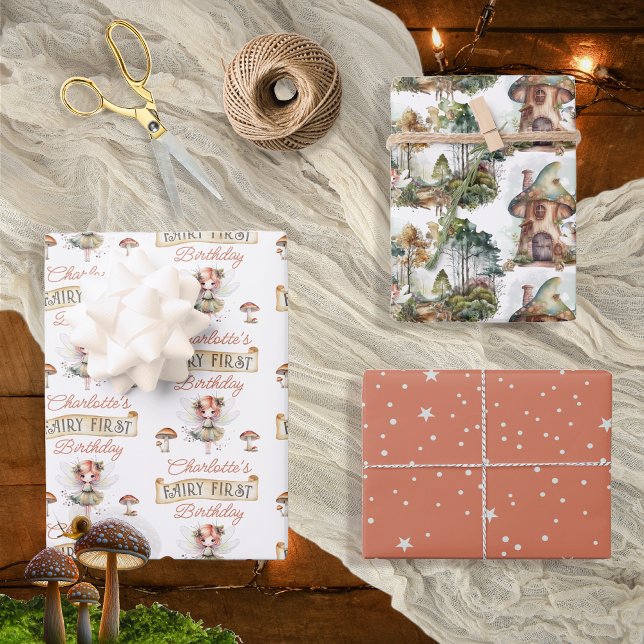 Fairy First Woodland Animals Mushroom 1st Birthday Wrapping Paper Sheets (Fairy First Woodland Animals Mushrooms Girl's 1st Birthday Wrapping Paper Trio)