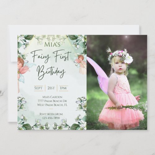 Fairy First Woodland Photo Birthday Enchanted Invitation