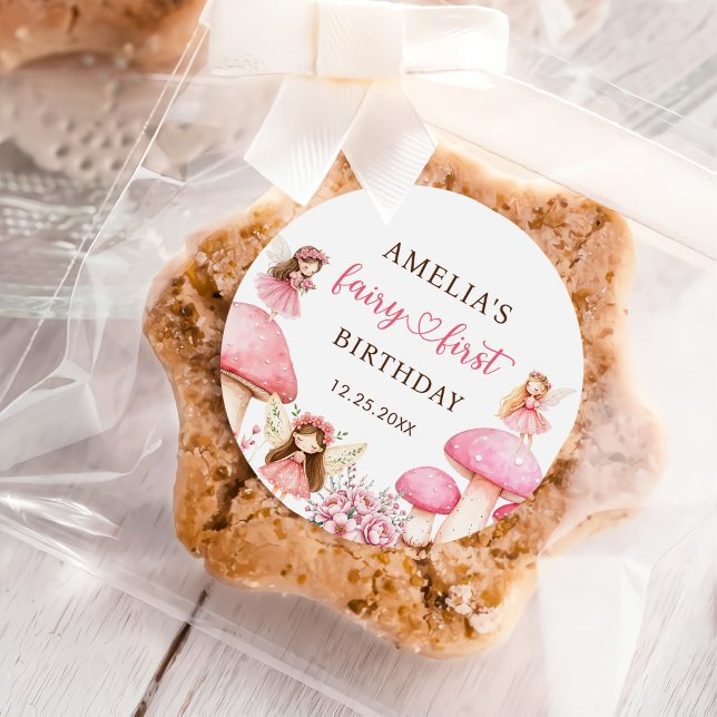 Fairy Floral Girls 1st Birthday Party Classic Round Sticker (Creator Uploaded)