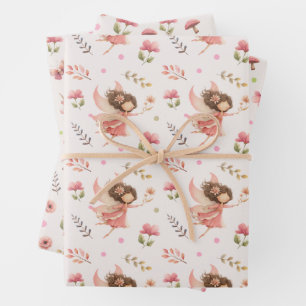 Fairy& Flower Illustrations Pastel Pink Botanical Wrapping Paper Sheets