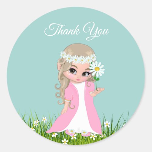 Fairy  Flowers on Light Blue Thank You Classic Round Sticker