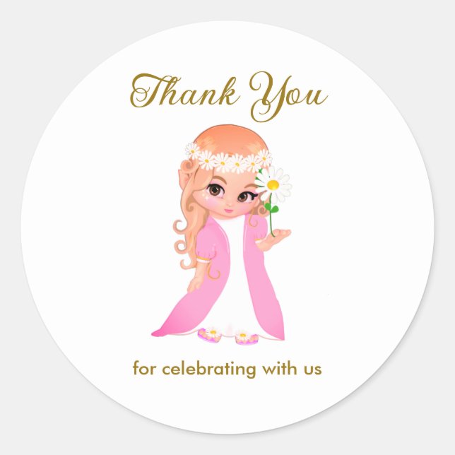 Fairy & Flowers on White Thank You Classic Round Sticker (Front)
