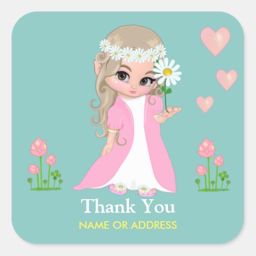 Fairy  Flowers Thank You on Light Blue Sticker