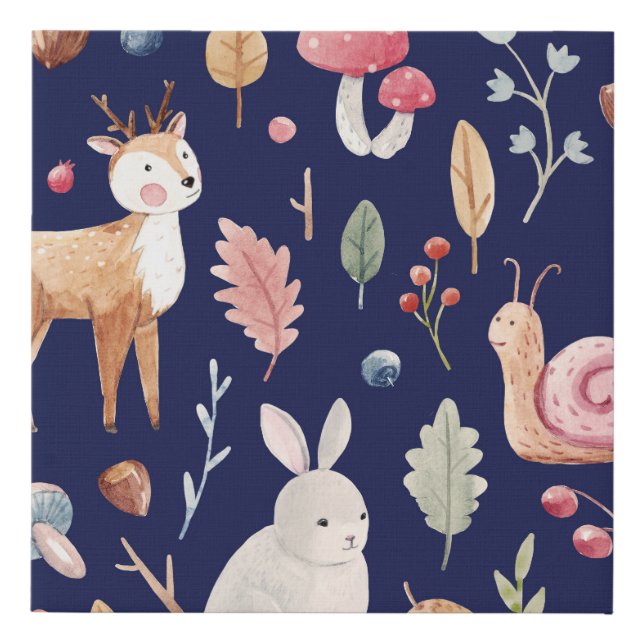 Fairy Forest Animals Children's Watercolor Faux Canvas Print (Front)