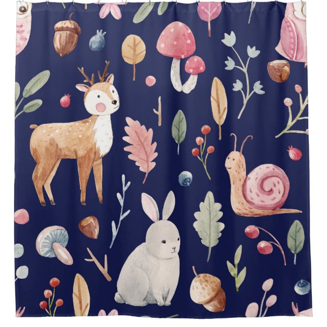 Fairy Forest Animals Children's Watercolor Shower Curtain (Front)