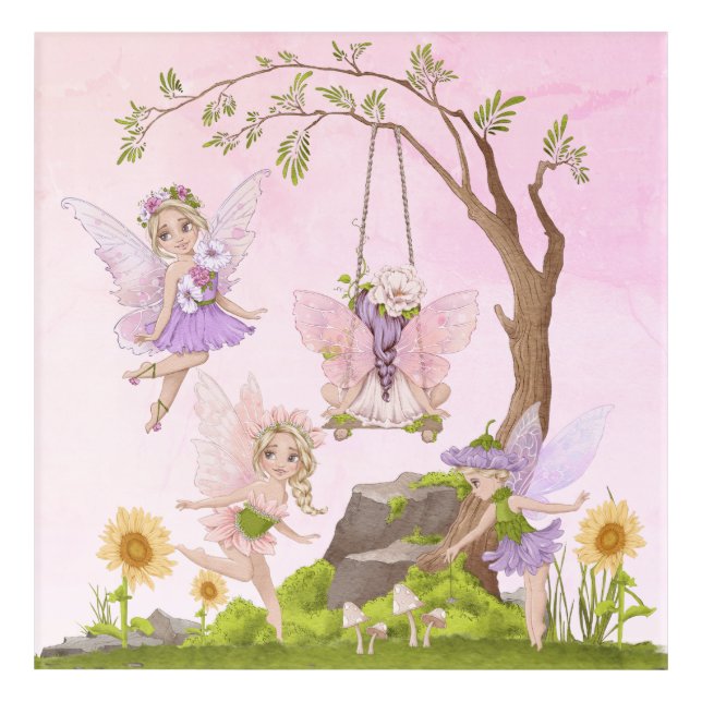 Fairy Friends playing in Fairyland Garden Acrylic Print (Front)