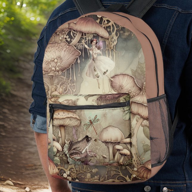 Fairy Frog Mushroom Dragonfly Cottagecore Monogram Printed Backpack (Creator Uploaded)