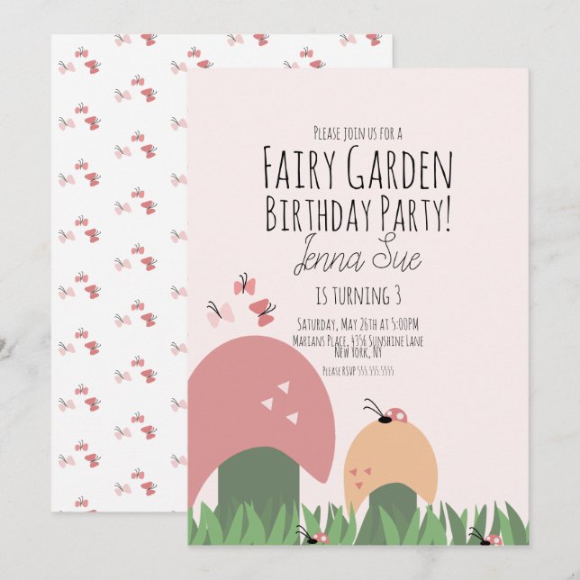 Fairy Garden 1st Birthday Ladybugs Butterflies  Invitation (Front/Back)