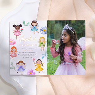 Fairy Garden Floral Girl Photo Birthday Party Foil Invitation
