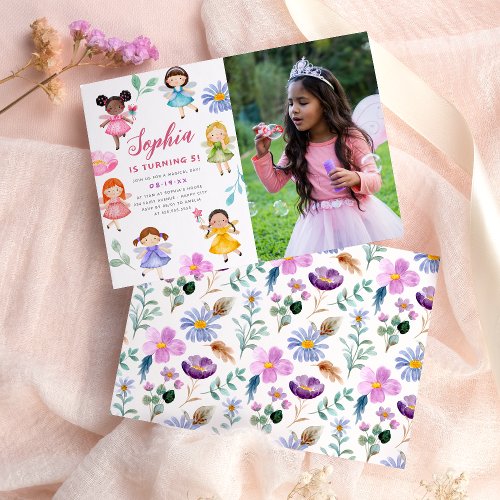 Fairy Garden Floral Girl Photo Birthday Party Invitation