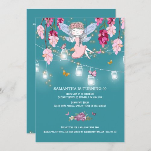 Fairy garden girl swing mason jar lights pink invitation