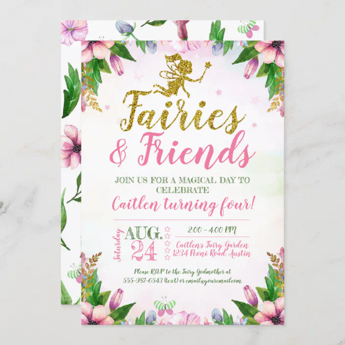 FAIRY INVITATIONS FAIRIES ROSE GOLD GLITTER GIRLS BIRTHDAY PARTY SUPPLIES FLORAL