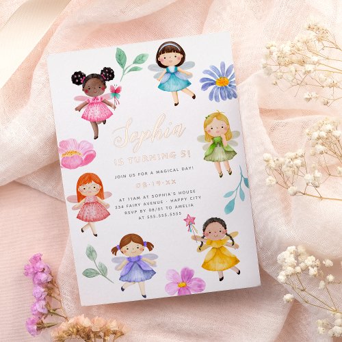 Fairy Garden Watercolor Floral Girl Birthday Party Foil Invitation