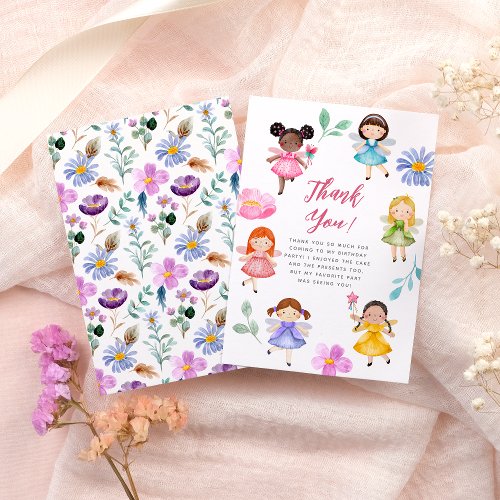 Fairy Garden Watercolor Floral Girl Birthday Party Thank You Card