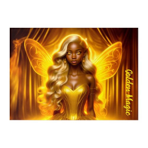 Fairy girl African American golden wings fantasy Acrylic Print