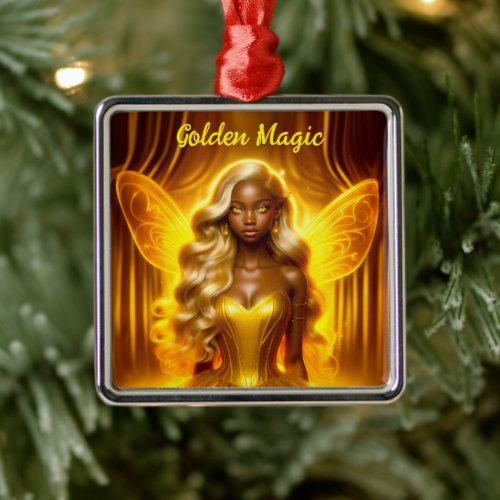 Fairy girl African American golden wings fantasy Metal Ornament