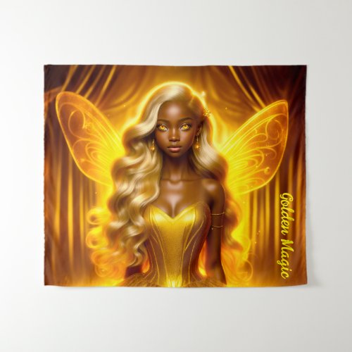 Fairy girl african american golden wings fantasy tapestry