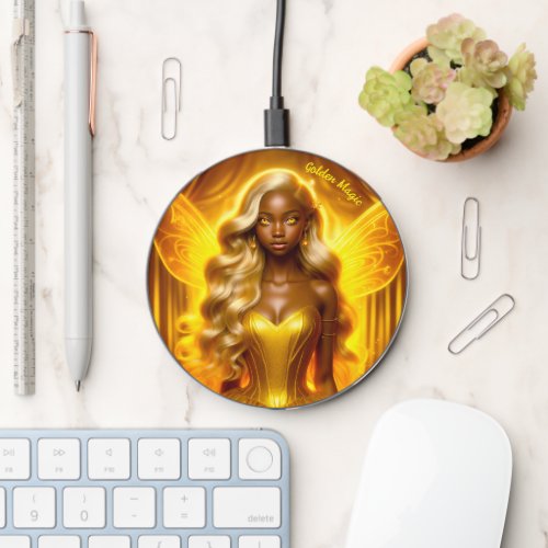 Fairy girl African American golden wings fantasy Wireless Charger