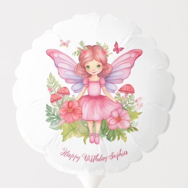 Fairy Girl Birthday Pink Cute Watercolor Butterfly Balloon (Back)