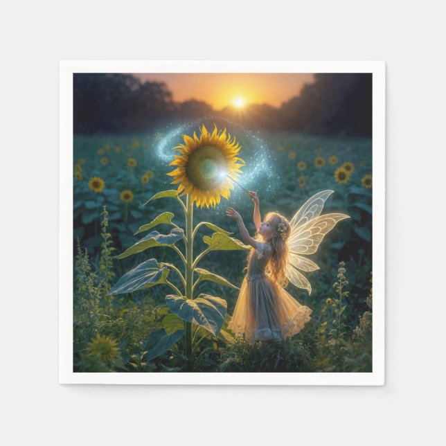 Fairy Girl Casting a Spell On a Sunflower Napkins (Front)