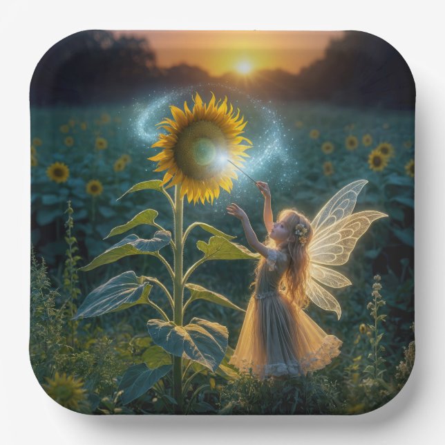 Fairy Girl Casting a Spell On a Sunflower Paper Plates (Front)