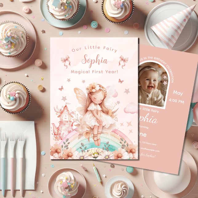 Fairy Girl Magical Teapot Rainbow Photo Birthday Invitation (Creator Uploaded)