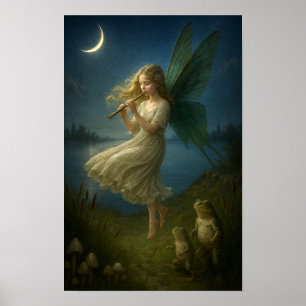 Fairy Girl Playing A Flute To Frogs In Moonlight Poster