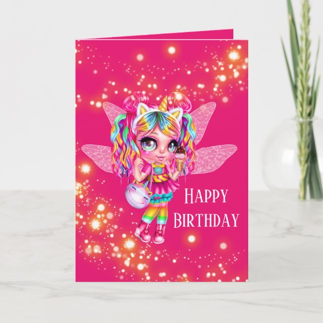 Fairy girl rainbow anime magic sparkle birthday card (Front)