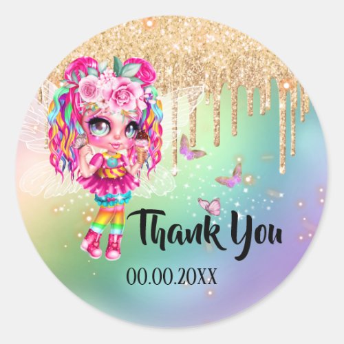 Fairy girl rainbow gold glitter butterfly  classic round sticker