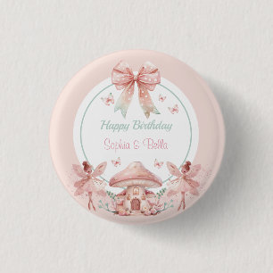 Fairy Girls Mushroom House Ribbon Twins Birthday Button