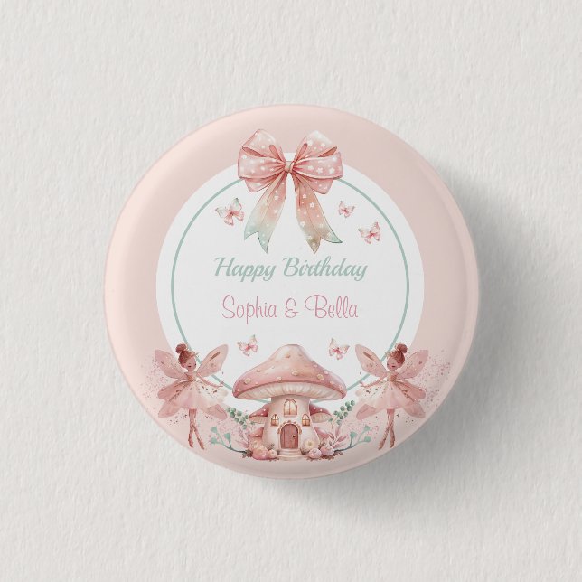 Fairy Girls Mushroom House Ribbon Twins Birthday Button (Front)