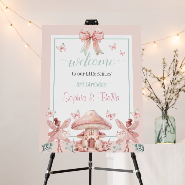 Fairy Girls Mushroom House Ribbon Twins Birthday Foam Board (In Situ (Stand))