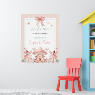 Fairy Girls Mushroom House Ribbon Twins Birthday Poster